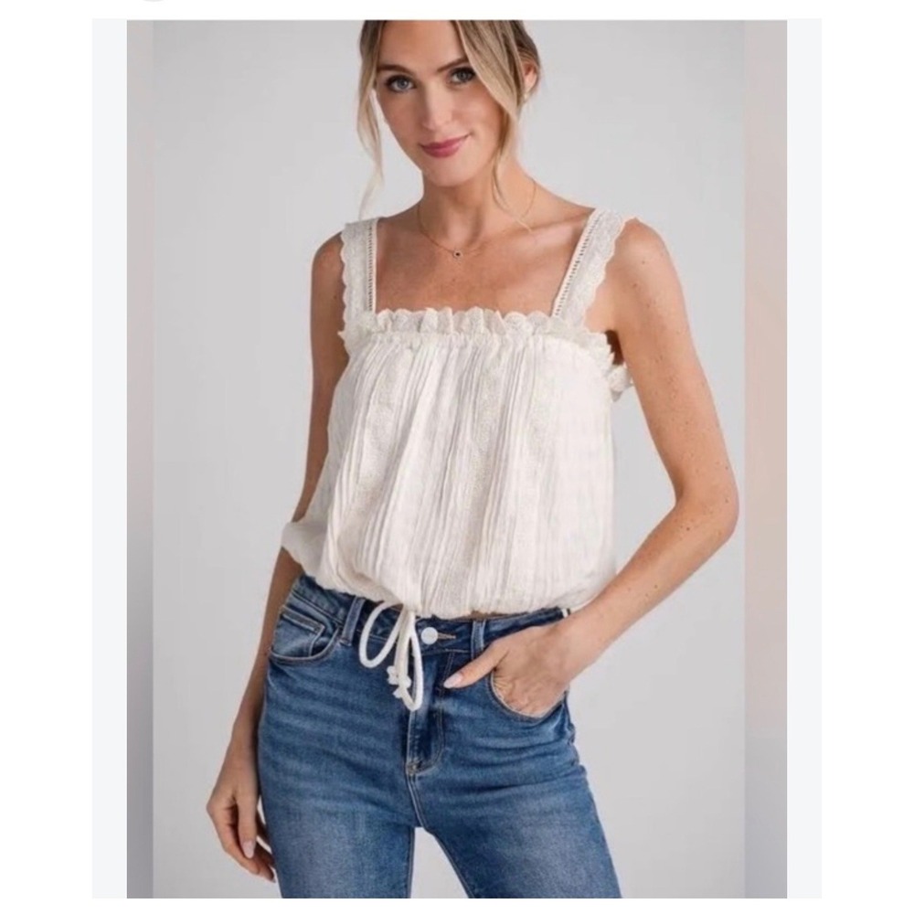 Free People Because of You Lace Cinch Cotton Eyelet Tank Cottagecore Boho Beach